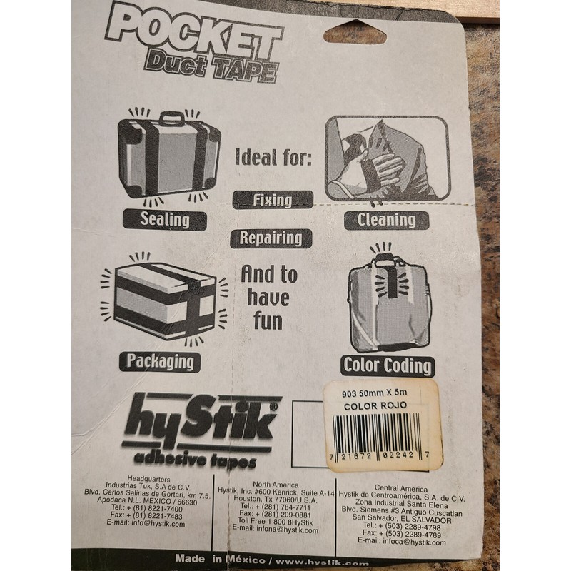 hyStik Pocket Duct Tape 2-3/16" x 16' Color ROJO