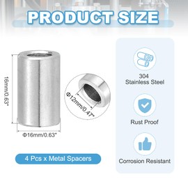 PATIKIL 4 Pcs Stainless Steel Spacers, 12mm ID x 16mm OD x 16mm Height 304 Stainless Steel Bushing Screw Standoff Unthreaded Round Spacer for 1/2"M12 Screws Bolts Nuts
