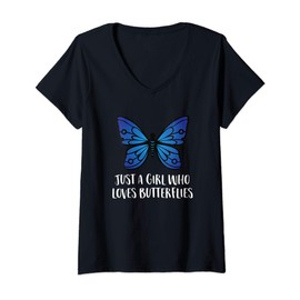 Womens Just a Girl Who Loves Butterflies Cute Butterfly Girl V-Neck T-Shirt
