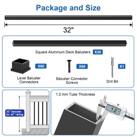 BLIKA 30 Pack 32" Square Aluminum Deck Balusters, 3/4" Black Aluminum Deck Spindles with Anti-UV Black Baluster Connectors, Hollow Aluminum Balusters for Wood and Composite Deck Porch Railing System
