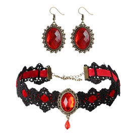 SIKAMARU 1 Gemstone Lace Necklace and 1 Pair of Earrings, Vintage Jewelry, Clothing Accessories, Gothic Jewelry