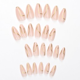 Almond Press on Nails Medium with Curve Line Design, Glossy Gold Glitter Lines False Nails Gel Glue on Nails, Press ons Stiletto Nails Natural Nude Reusable Acrylic False Nails for Women Daily Wear