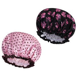 AOOWU Satin Shower Cap, Pack of 2, Waterproof Elastic Shower Cap, Reusable Double Layer Sleep Cap for Curls, Women and Girls, Home, Hotel, Travel (Pink+Black)