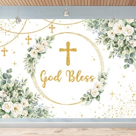 7x5FT Greenery God Bless Backdrop First Holy Communion Baptism Party Decorations Background White Floral Gold Glitter Christening Party Baby Shower Newborn Photography Banner