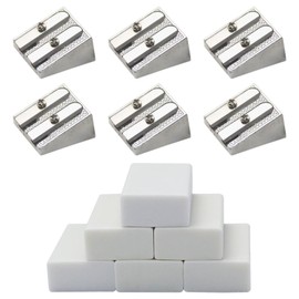 12Pcs Metal Pencil Sharpener and Eraser Set, 6Pcs Double Hole Pencil Sharpener & 6Pcs Pencil Erasers for Home School Office Supplies