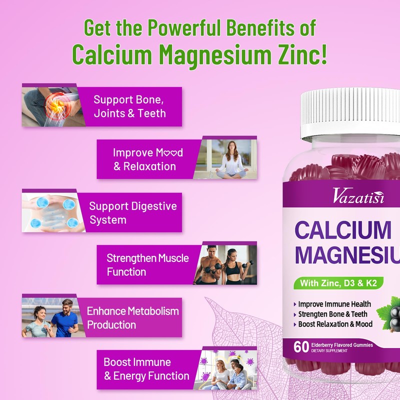 Calcium Magnesium Zinc Gummies with Vitamin D3 and K2, High