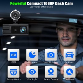 3 Channel Dash Cam Front and Rear Inside,2 Inch 1080P Dash Camera for Cars,Dash cam Three Way Triple Car Camera with Super Night Vision,Wide Angle,Loop Recording, G-Sensor,24 Hours Parking Monitor