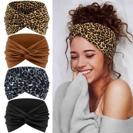 Tumurup 4 Pieces Women's Thin Headband Women's Sports - Wide Elastic Soft Hair Bands for Yoga, Fitness & Cosmetics - Headband Hair Accessories Summer (Brown, Black, Leopard Brown, Leopard Grey)