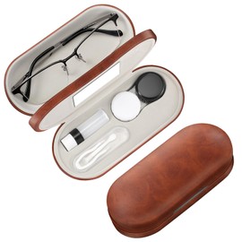 Fintie 2 in 1 Contact Lens Case and Eyeglasses Case, Double Sided Portable Eyeglasses Travel Holder with Built-in Mirror, Tweezer and Contact Lens Solution Bottle Included (vintage brown)