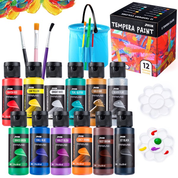 JOYIN 12PCS Washable Kids Tempera Paint Set (2 oz Each), Liquid Paint with 6 Brushes, 2 Palette & 1 Stretchable Washing Bucket , Non-Toxic Kids Paint for Arts and Crafts Project, Finger Painting, Hobby Painters