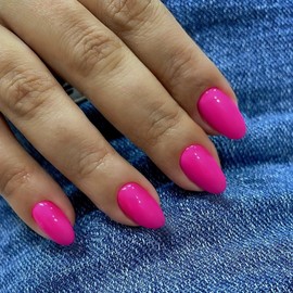 Hot Pink Press on Nails Short Oval Acrylic Nails Press on Solid Color Medium Short Oval Fake Nails for Women Reusable Thick Round Nails Glue on Medium Almond Nails Soft Gel False Nails 24Pcs Neon Pink