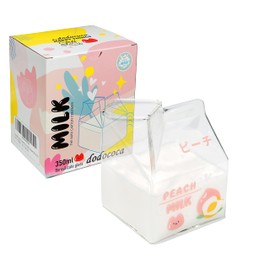 Kawaii Glass Milk Carton Cup Clear Cute Milk Cup Mini Creamer Pitcher Container Microwavable 12 Oz, 1Pcs(Peach)