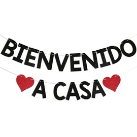 Bienvenido a Casa Banner - Spanish Welcome Home Banner, Welcome Home Decorations, Homecoming Party Decorations Black Glitter