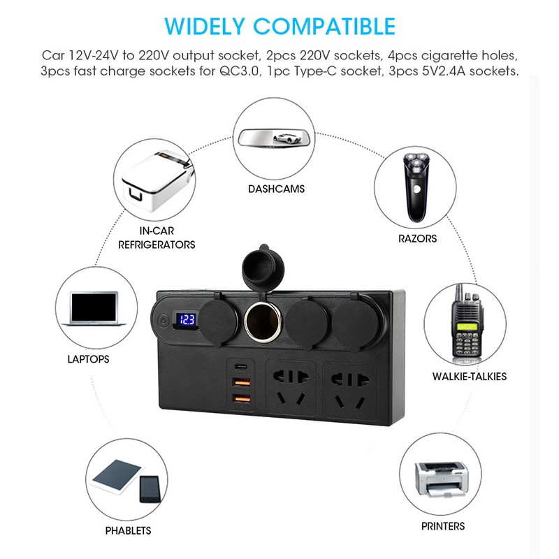 200W Car Inverter 12-24V to 7USB Fast Charger Voltage Power
