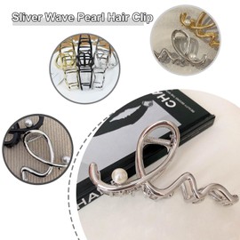 JATOMSSM 1 PCS Metal Large Claw Clips for Thick Heavy Hair, Strong Hold Big Non-Slip Hair Catch Barrette Sliver Wave Pearl Jaw Clamp for Long Hair, Fashion Styling Hair Accessories for Women Girls