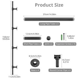 TANICE Stair Handrail, Hand Rails Stairs, 1.5M Handrails for Stairs, Black Banister Rails, Industrial Pipe Clothes Rail, Outdoor Indoor Industrial Pipe Stair Banister for Elder and Child