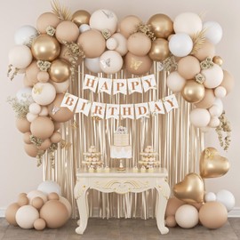 Boho Birthday Decorations with Sand White Nude Metallic Gold Foil Balloons Fringe Curtain Happy Birthday Banner for Neutral Happy Birthday Decorations for Women