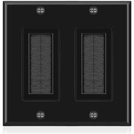 Double 2 Gang Black Wall Plate Black Brush Style Opening Pass through Low Voltage Cable Plate In-Wall Installation for Cable, TV, Speaker Wires, Coaxial Cables, HDMI Cables, Network and Security Wires