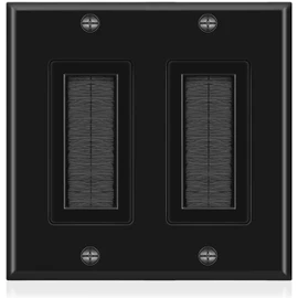Double 2 Gang Black Wall Plate Black Brush Style Opening Pass through Low Voltage Cable Plate In-Wall Installation for Cable, TV, Speaker Wires, Coaxial Cables, HDMI Cables, Network and Security Wires
