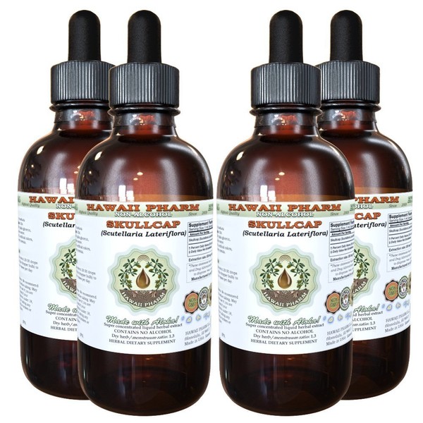 HawaiiPharm Skullcap Alcohol-Free Liquid Extract, Organic Skullcap (Scutellaria lateriflora) Dried Herb Glycerite Natural Herbal Supplement, USA 4x4 fl.oz