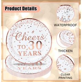 SietDESEO 50 PCS Cheers to 30 Years Paper Plates with Rose Gold Foil 7 Inch Disposable Plates 30th Birthday Dessert Plate for Birthday Party Supplies