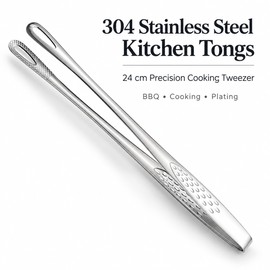 24 cm Stainless Steel Kitchen Tongs – 304 Steel Cooking Tweezers for BBQ, Grilling, Steak, Salad & Serving, Silver