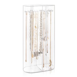 Acrylic Necklace Holder, Clear Necklace Organizer with 24 Hooks, Dustproof Rotation Jewelry Storage Holder Stand, Long Necklaces Pendant Bracelets Display Case for Dresser Bathroom Vanity Countertop