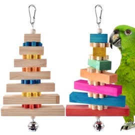 DBNESS Bird Toys, 2 Pcs 12.6in Parrot Chewing Toys for Beak Grinding and Colorful Natural Wooden Block Bird Cage Accessories for Medium Cockatiels African Greys Senegals Amazons
