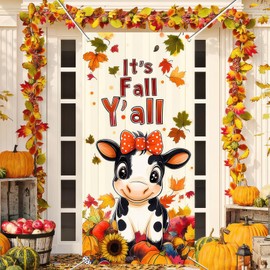 BlissYard It’s Fall Y’All Door Cover Thanksgiving Backdrop Pumpkin Sunflower Cow 71x35 Inch Cute Autumn Banner for Porch Party Decorations Kids Wall Decor Photo Booth Props