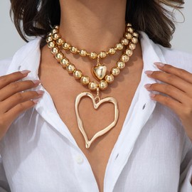 Chunky Heart Necklace for Women,Y2k Large Pearl Beads Heart Choker Necklaces Exaggerated Big Hollow Love Pendant Necklace Dainty Statement Jewelry Gift (2-gold)