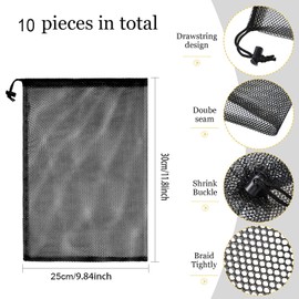 JINJUMEI Pack of 10 Drawstring Mesh Bags 25 x 30 cm Nylon Bag Storage Mesh Bag Golf Ball Bags Mesh Pack Sack for Travel, Collecting and Sports, black