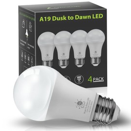 L LOHAS LED Dusk to Dawn Light Bulbs, E26 Bulb Automatic On/Off, Outdoor Light Bulbs, Daylight Lightbulbs, 12W A19 Led Bulbs, 5000K 1100LM 100W Equivalent Lightbulbs Porch Garage Garden Patio 4 Pack