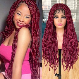 Annivia 32Inch Full Double Lace Box Braided Wigs for Black Women Faux Locs Square Knotless Wigs with Baby Hair Long Dreadlock Wig Natural Black Hand-braided Synthetic Twist Lace locs Wig Burgundy