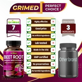 GriMed 12,900mg Beet Root x12 Potency with Grape Seed Extract, Maca Root, Red Spinach, Ashwagandha - Healthy Energy Supplement for Heart Support (180 Count (Pack of 1))