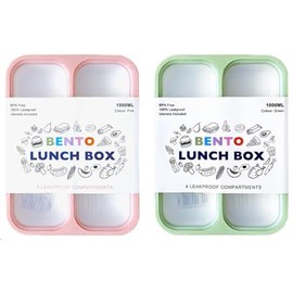 IHANA Bento Lunch Box Food Snack Container with 4 Leakproof Compartments, Locking Lid (Green & Pink)