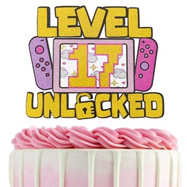 Decoración para tartas desbloqueada de nivel 17 para niñas, con purpurina para juegos de 17 cumpleaños, decoración de fiesta temática de videojuegos, regalo de cumpleaños para niñas