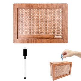 Fousenuk Wooden Money Box with 5000 € Savings Target and Numbers for Checking, Piggy Bank with Counter, Storage Box with Pen for Helps Children and Adults The Habit of Saving