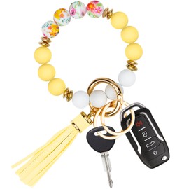Manlosen Key Ring Bracelet Car Keychain Holder Wristlet Silicone Women Beaded Bangle Chains