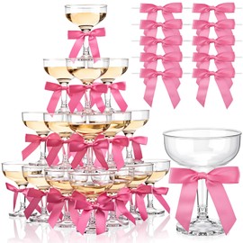 Zopeal Set of 30 Champagne Cocktail Glasses 5 oz with Hot Pink Bow Ribbon 2.8 inch Plastic Margarita Martini Glasses for Birthday Bachelorette Party Home Bar Wedding Champagne Towers