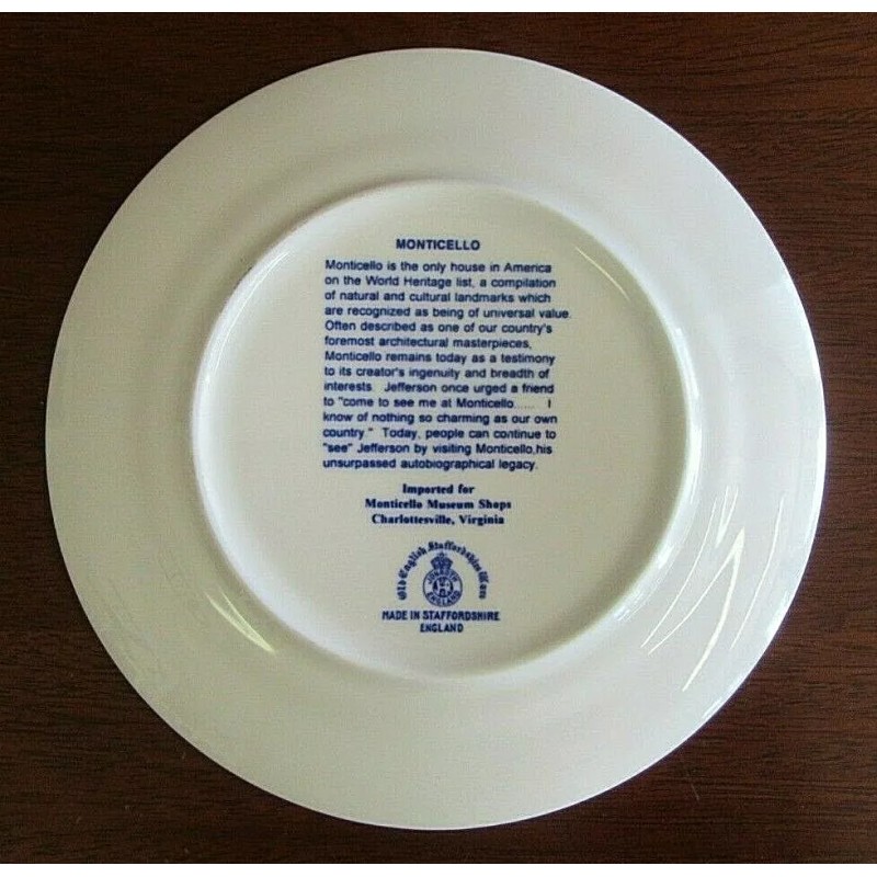 7" Blue & White MONTICELLO Souvenir Plate OLD ENGLISH STAFFORDSHIRE