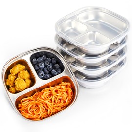 MIMORE Stainless Steel Kids Plates - 5 Pack Toddler Plates with Lids - Non Toxic & Divided (Stainless Steel)