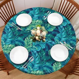 BOOWEATS Palm Leaf 48 Inch Round Fitted Vinyl Tablecloth with Elastic Edged, Waterproof Oil Proof Wipeable Table Cover for Indoor Outdoor Patio Table, Fits Round Tables Up to 46" - 50" Diameter