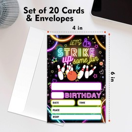 Wybgno Strike Bowling Birthday Party Invitation 20 Bowling Theme Party Neon Party Birthday Invitation With Envelopes for Boys Girls Party Invite Cards -4×6 inch-B015