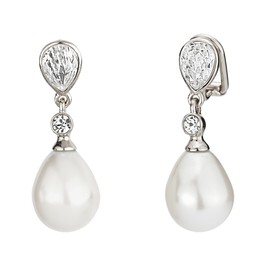 Traveller Clip-On Earrings - Drop Pearl, 32x15 mm, Platinum-plated, Preciosa Crystals