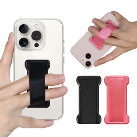 WUOJI Cell Phone Finger Grip Strap Holder for Hand, Finger Strap Phone Holder, New Slim Finger Loop Selfie Grip Compatible with Most Smartphones -2Pack(Black Pink)