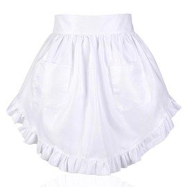 Tucnoeu White Waist Apron with 2 Pockets,Adjustable Half Waitress Apron Adult Frilly Maid Aprons Party Cooking Kitchen Coffee Shop(23.6 x 15.7inch)