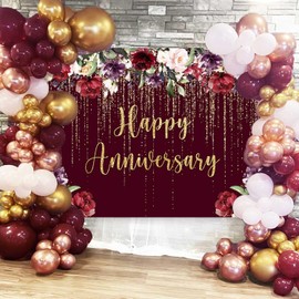 Ayayiya Happy Anniversary Backdrop Party Decorations, Burgundy Flower Wedding Anniversary Party Photography Background Couple Marriage Engagement Commemoration Day Banner Photo Shoot Props 7x5ft