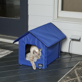 Heated Cat House - Double-Door Cat Bed with Zippered Roof, Pet Heating Pad, and Sherpa Cover - for Garage, Porch, Barn, or Basement by PETMAKER (Blue)