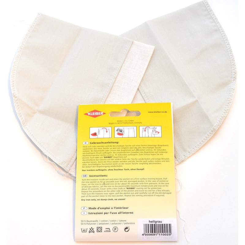 Kleiber Iron On Replacement Trouser Pockets-Light Grey-1 Pair