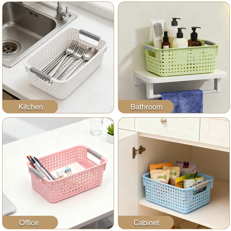 4-Pack Hollow Plastic Storage Baskets with Handles (Pink, Small)